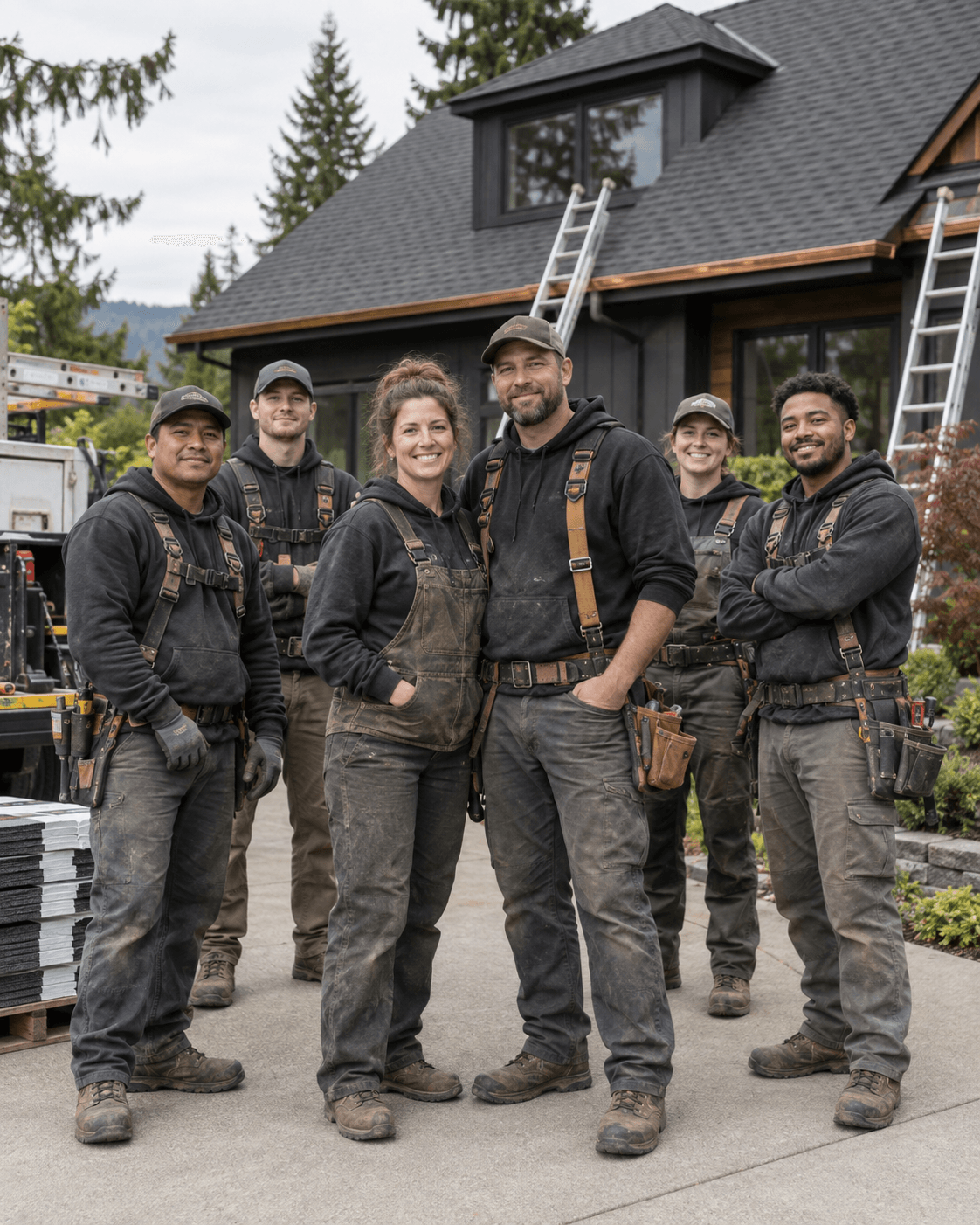The fictional AAA Roofing SoCal founders and their roofing crew at a Los Angeles job site