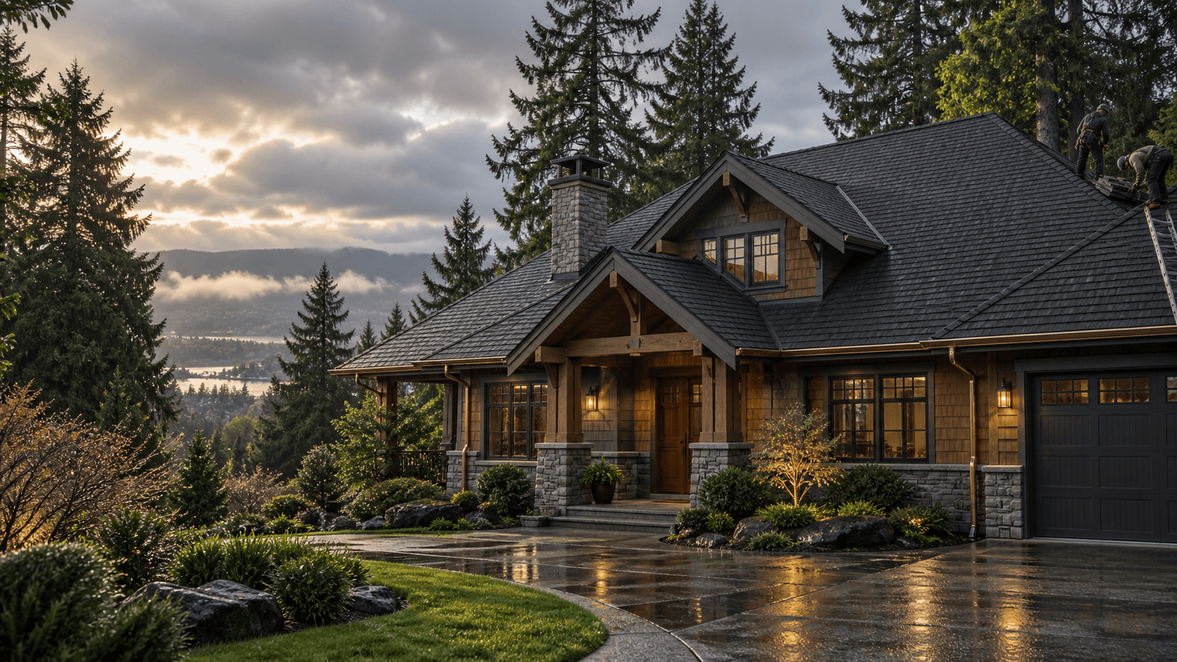 Newly roofed Pacific Northwest home surrounded by evergreens